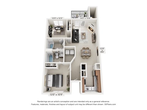 Floor plan for 1 bed, 2 baths, 1080 sqft